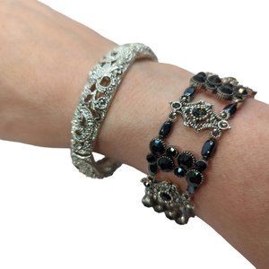 Two Costume Stretchy Bracelets - silver tone & black filigree & beads